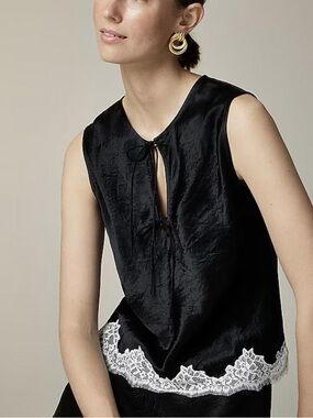 NWT J. Crew Textured satin black top with white lace hem